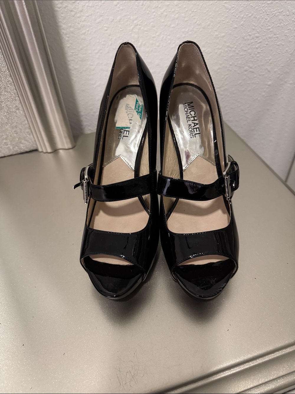 Michael Kors Black Patent Mary-Jane Peep Toe Platform Heels